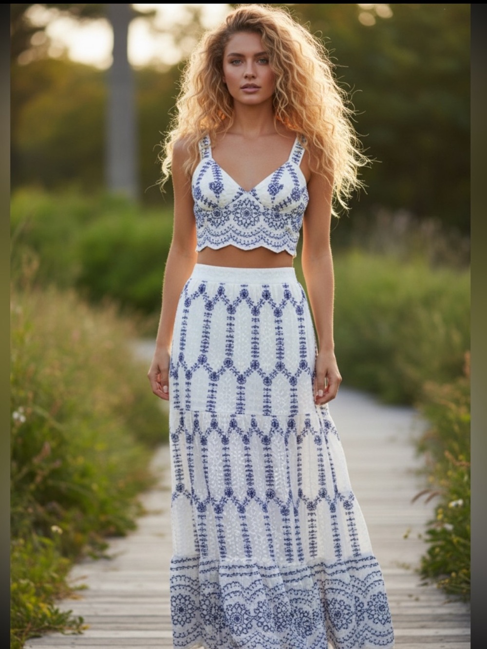 NWT-COMMENSE White and Blue Embroidered Maxi Skirt & Top set - Picture 8 of 11